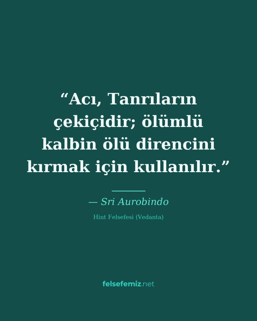Acı, Tanrıların çekiçidir; ölümlü kalbin ölü direncini kırmak için kullanılır. — Sri Aurobindo | Felsefemiz.net